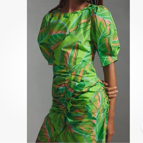 Anthropologie Farm Rio Green palm Leaf Print Dress puff sleeve sz 3x - Picture 3 of 11